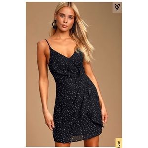 Lulu’s Black Polka Dot Satin Knotted Mini Dress